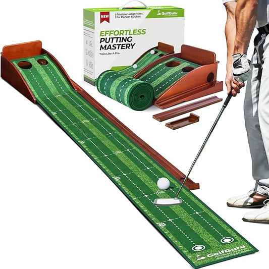 Golfguru Putting Green, 9.8ft Golf Putting Mat with Automatic Ball Return Track & Putting Mirror, Indoor Putting Greens for Home with Thickened Wrinkle-Free Crystal Velvet, Golf Accessories for Men-StrideForce Fitness