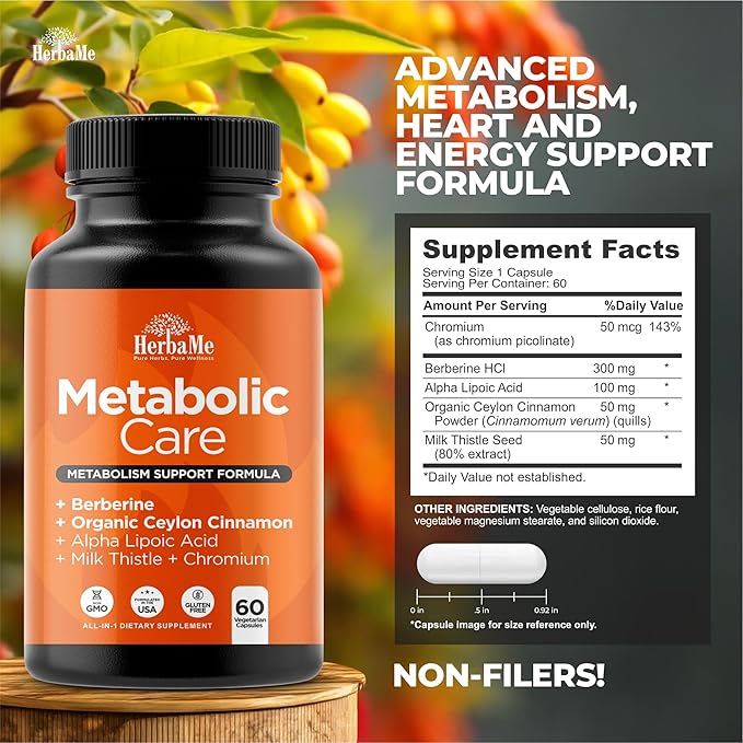 Berberine Supplement with Ceylon Cinnamon, Chromium, Alpha Lipoic Acid, Metabolic Care Supports Metabolism & Cardiovascular Health and Immune System, Helps Maintain Steady Energy Levels-StrideForce Fitness