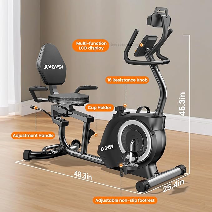 Recumbent Exercise Bike for Home Use, Quiet Recumbent Stationary Bikes for Adults & Seniors, 16-Level Resistance, Adjustable Seat, Supports 400LB, Pulse Sensors & LCD Display-StrideForce Fitness