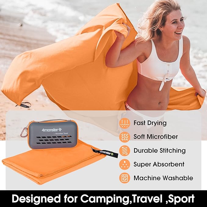 4Monster Camping Towels Super Absorbent, Fast Drying Microfiber Travel Towel, Quick Dry Ultra Soft Compact Gym Towel for Swimming Beach Hiking Yoga Travel Sports Backpack (40.00" x 20.00", Orange)-StrideForce Fitness