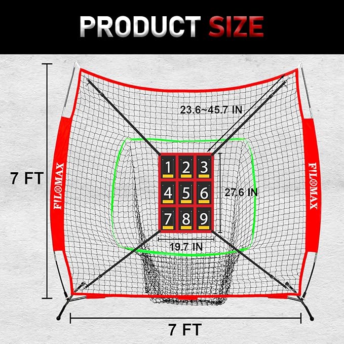 7x7 ft Baseball & Softball Practice Net with 9 Numbered Strike Zone | PRO Training Net for Hitting, Pitching & Batting | with Carry Bag, Bow Frame for All Ages & Skills-StrideForce Fitness
