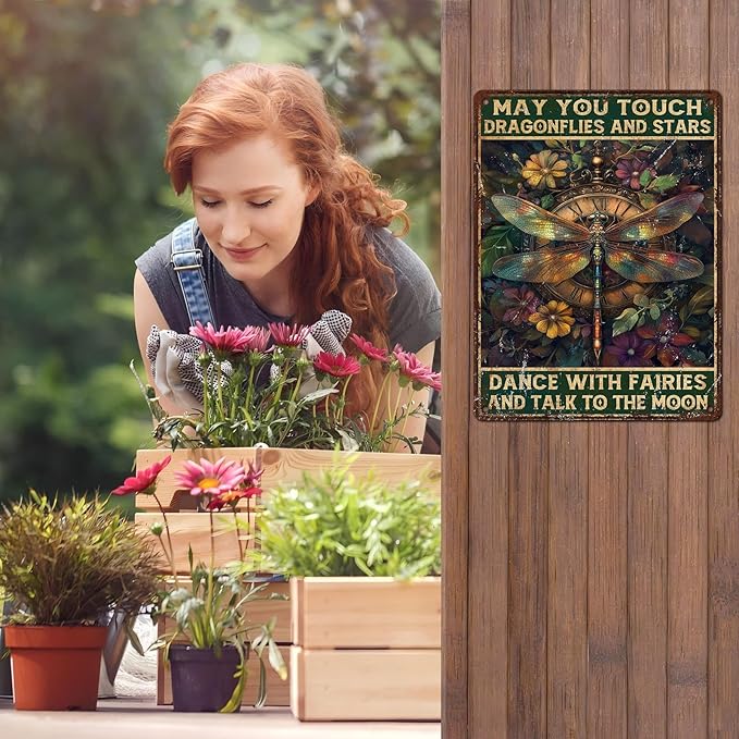 Vintage Dragonfly Tin Sign May You Touch Dragonflies And Stars Dance With Fairies And Talk To The Moon Retro Metal Poster Funny Wall Art Cafe Toilet Farm Room Garden Plaque Outdoor 12 * 16inch-StrideForce Fitness