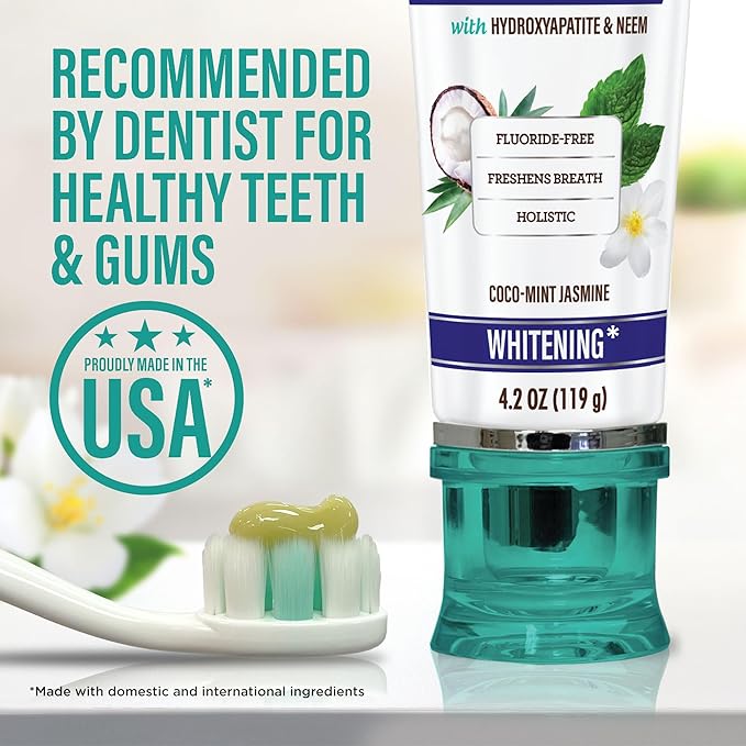 GuruNanda Hydroxyapatite Toothpaste, SLS & Fluoride Free, Whitening Toothpaste with Tongue Scraper & Squeezer - Freshens Breath, Fights Plaque - Natural CocoMint Jasmine Neem, 4.2oz