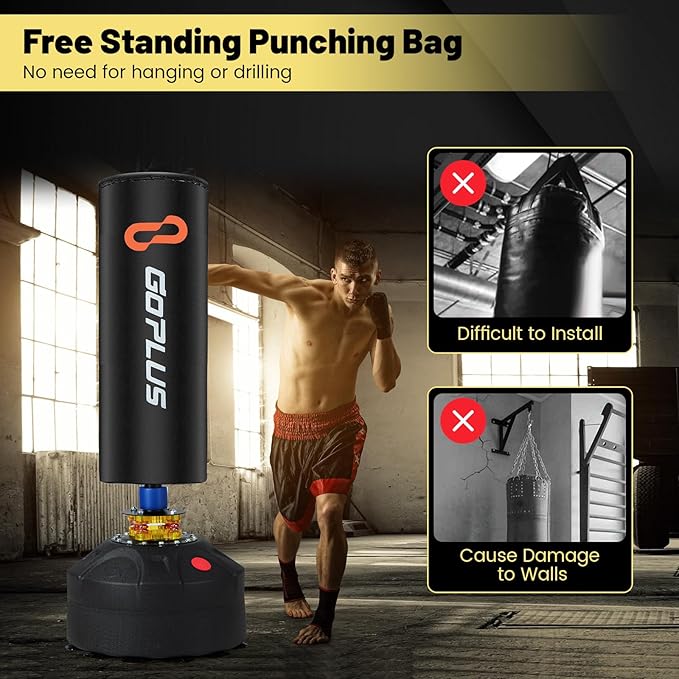 Goplus Freestanding Punching Bag, 220LBS Heavy Boxing Bag with Gloves, Shock Absorber, 12 Suction Cup Base, Kickboxing Bag with Stand for Adults Youth Men Women Home Gym-StrideForce Fitness