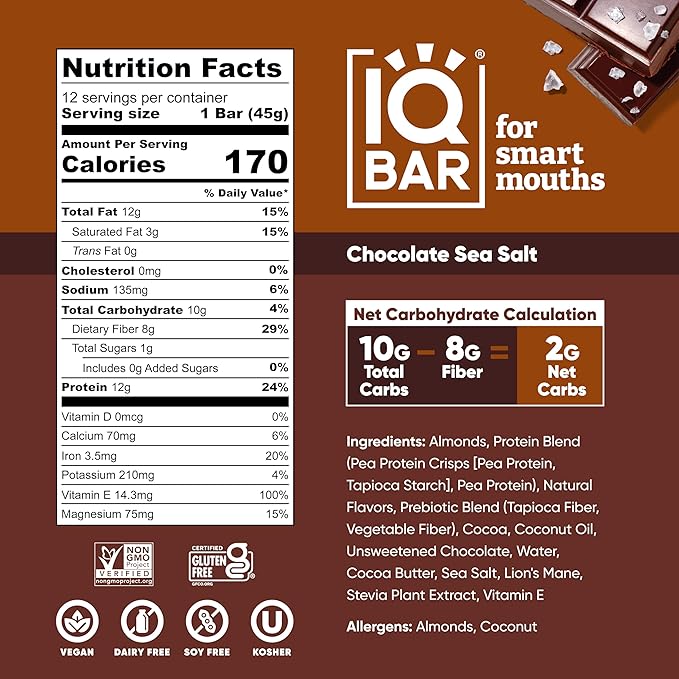 IQBAR Brain and Body Plant Protein Bars - Chocolate Sea Salt - 24-Count Low Carb - Gluten Free, High Fiber, Vegan Snacks - Low Sugar Meal Replacement-StrideForce Fitness