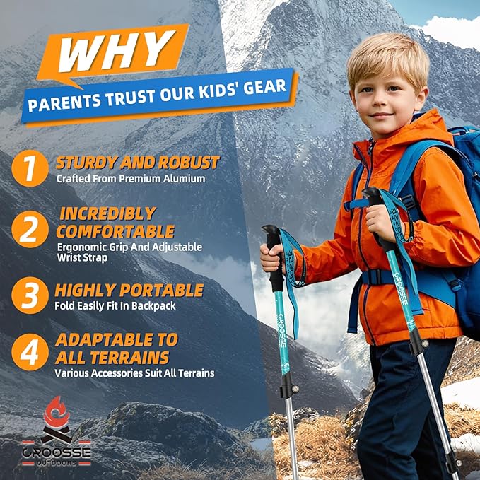 Lightweight Collapsible Kids Hiking Poles - Retractable Kids Hiking Stick, Telescoping Aluminum Trekking Poles 2 Pack, Adjustable Kids Ski Poles by Croosse-StrideForce Fitness