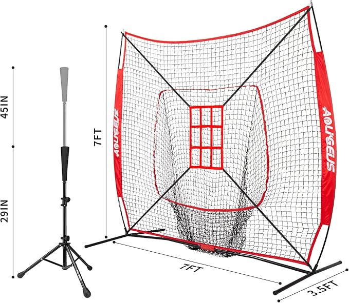 7'X7' Baseball Softball Practice Net,Pitching Net,Batting Net,with Baseball Tee,Bonus Strike Zone and Bow Frame,for Hitting,Pitching, Catching-StrideForce Fitness