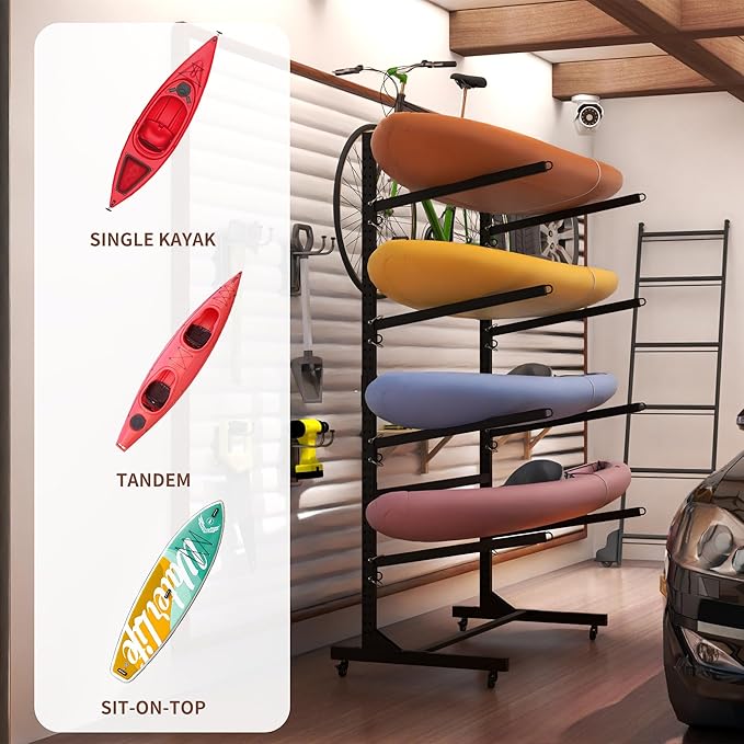 Kayak Storage Rack, Heavy Duty Kayak Stand Canoe Rack with Wheels, Freestanding Kayak Holder Stand for Kayaks, Canoes, Surfboard, Paddleboard Storage-StrideForce Fitness