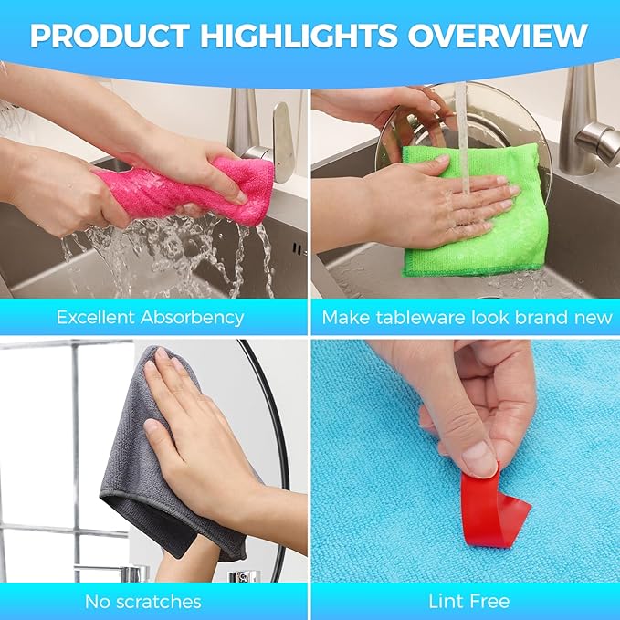 Microfiber Cleaning Cloth, Pack of 15, Lint Free, Absorbent, Streak Free, Non-Abrasive, Reusable and Washable，Cleaning Towels with 5 Color Assorted,11.5"X11.5"(Green/Blue/Yellow/Pink/Grey)-StrideForce Fitness