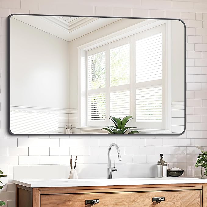 FORBATH Black Bathroom Mirror, Rectangular Vanity Mirror 26" X 38" Wall Mounted Rounded Corner Farmhouse Metal Framed Bath Mirror for Living Room Bedroom Entryway Decor, Hangs Horizontal or Vertical-StrideForce Fitness