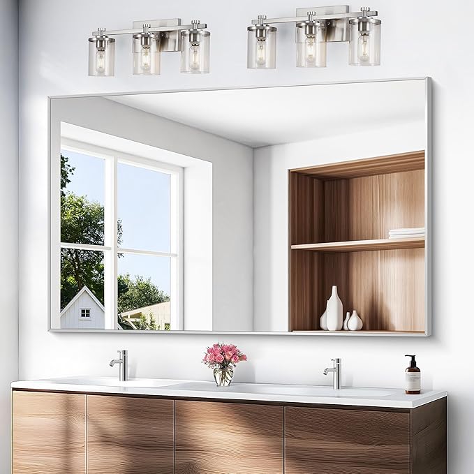 Silver Bathroom Mirror,60x40 inch Wall Mirror for Bathroom Wall Mounted,Large Rectangle Mirror for Bathroom Over Sink,Modern Metal Frame for Living Room,Bedroom Entryway,Horizontal/Vertical-StrideForce Fitness