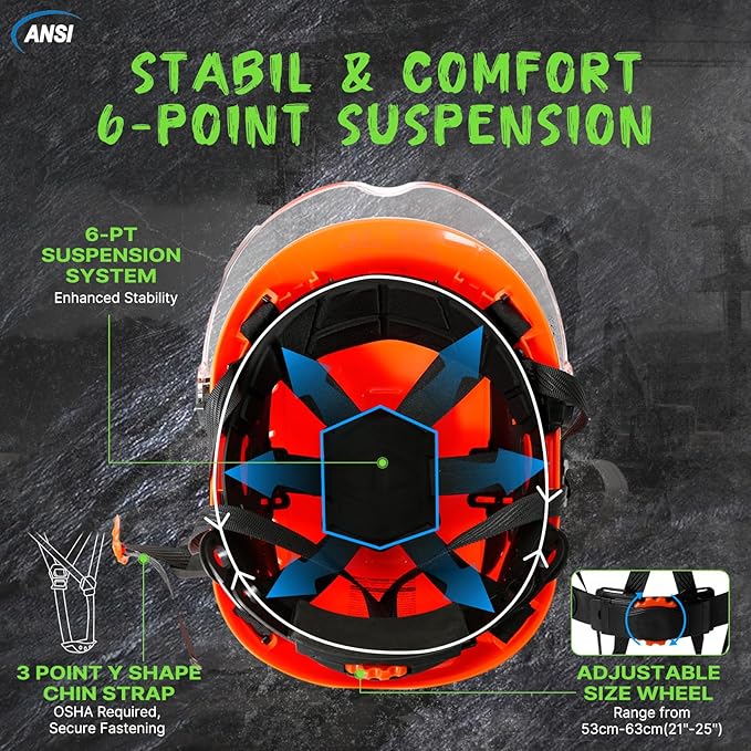 AOLAMEGS Construction Vented Hard Hats -Adjustable Vented Hard Hat with Visor for Men Women ABS Safety Helmet 6-Point Suspension Work Hardhats for Outdoor Height Industrial (Orange Clear Visor)-StrideForce Fitness