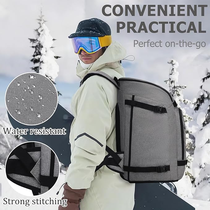 JIANYA Ski Boot Bag, 50L Waterproof Travel Backpack for Snowboard, Ski Helmet, Goggles, Gloves & Accessories, Gray-StrideForce Fitness