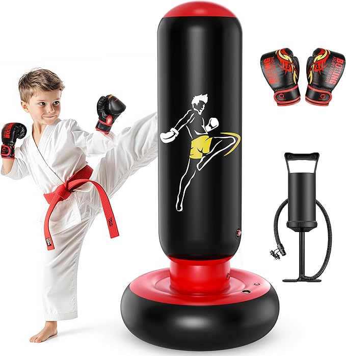 QPAU Kids Punching Bag Toy with Boxing Gloves, 66 Inch Larger Stable Kids Inflatable Boxing Bag Set, Gifts for Boys & Girls Age 6-12, for Practicing Karate, Taekwondo, MMA-StrideForce Fitness