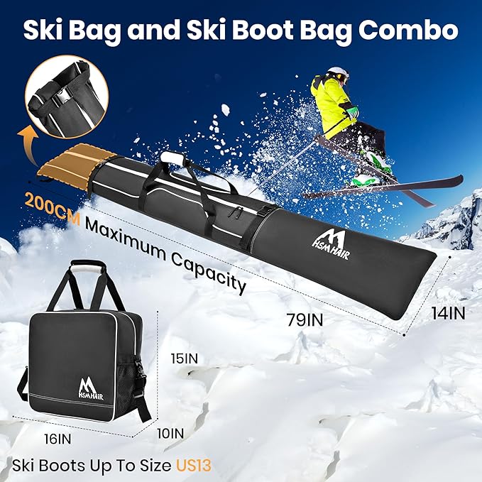 Ski Bag and Boot Bag Combo,Padded Ski Bag Set for Air Travel,Snow Ski Bags for Adults,Water- resistant Ski Boot Bag Fits for Skis Up to 200 CM and Boots Up To Size US13-StrideForce Fitness