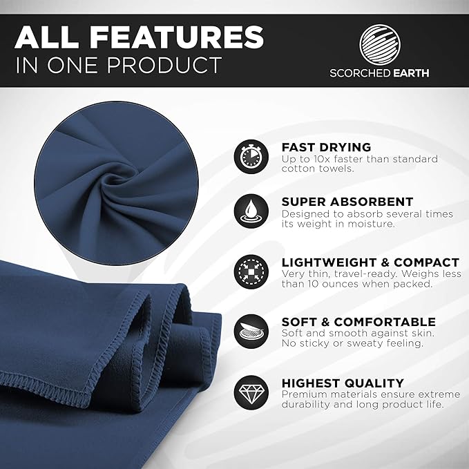 ScorchedEarth Microfiber Travel & Sports Towel Set - Quick Dry, Super Absorbent, Compact, Lightweight - for Camping, Backpacking, Hiking, Beach, Yoga, Swimming - Includes 2 Sizes + Carrying Bag & Clip-StrideForce Fitness