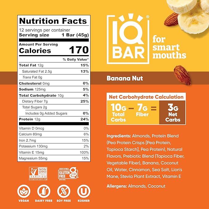 IQBAR Brain and Body Plant Protein Bars - Banana Nut - 36-Count Low Carb - Gluten Free, High Fiber, Vegan Snacks - Low Sugar Meal Replacement-StrideForce Fitness