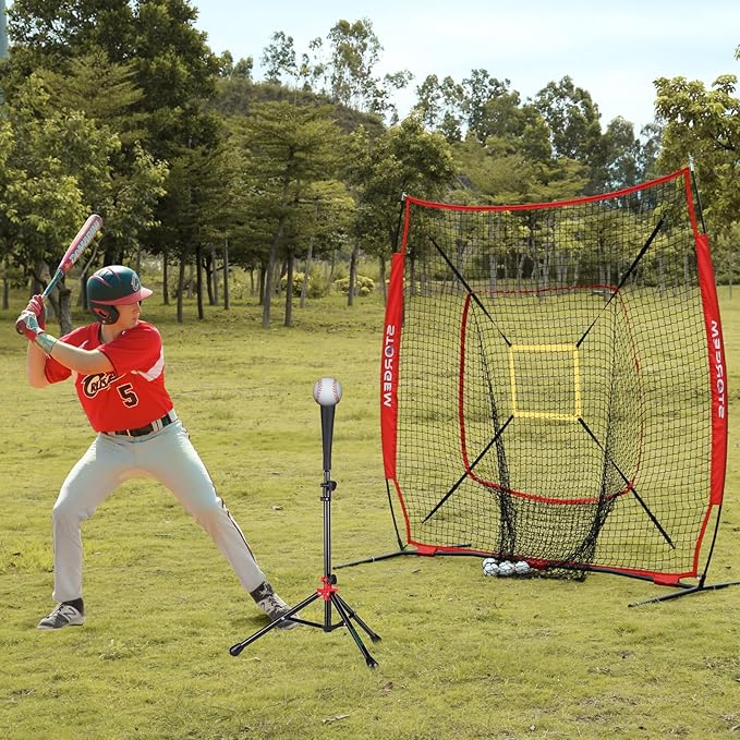 Storgem Baseball and Softball Practice Net 7×7ft Portable Hitting Pitching Batting Training Net Baseball Backstop Net with Batting Tee and Strike Zone and Bow Frame-StrideForce Fitness