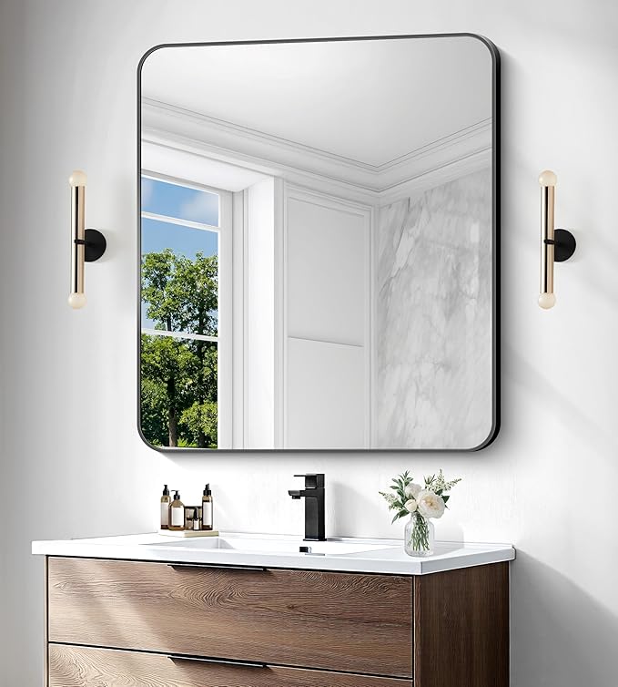 36x40 inch Bathroom Mirror,Black Rectangle Mirror,Wall Mounted Bathroom Frame Vanity Mirror with Round Corner for Bedroom Living Room,Entryway Hangs Horizontal or Vertical-StrideForce Fitness