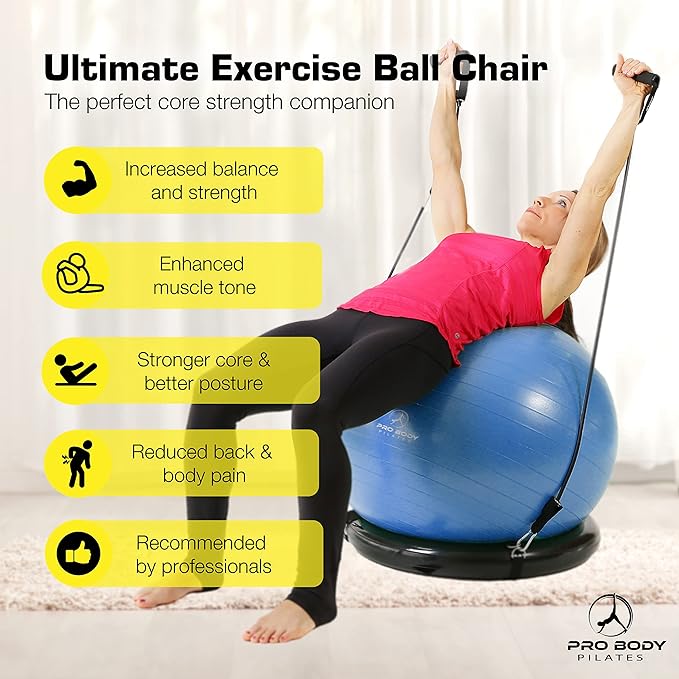 ProBody Pilates Yoga Ball Chair, Exercise Ball Chair with Base or Stand for Home Office Desk Sitting or Workout, 65cm Antiburst Balance & Stability Ball Seat, Large Gym Ball for Back, Abs-StrideForce Fitness