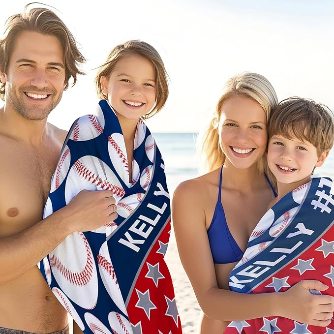 Personalized Beach Towel With Name, Custom Beach Towel with Text, Customized Microfiber Pool Towel, Quick Dry & Absorbent Swim Towel for Adult,Anniversary, Birthday, Summer Holiday,Vacation,Baseball-StrideForce Fitness