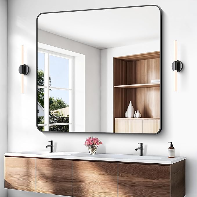 48x48 inch Bathroom Mirror,Black Rectangle Mirror,Wall Mounted Bathroom Frame Vanity Mirror with Round Corner for Bedroom Living Room,Entryway Hangs Horizontal or Vertical-StrideForce Fitness