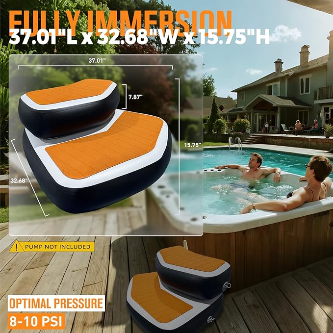 Inflatable Hot Tub Steps with EVA Non-Slip Surface, Drop Stitch Detachable 2-Piece Spa Stairs for Jacuzzi and Bathtub, Portable Durable Steps for Indoor and Outdoor Hot Tub, 37" × 32" × 15.7"-StrideForce Fitness