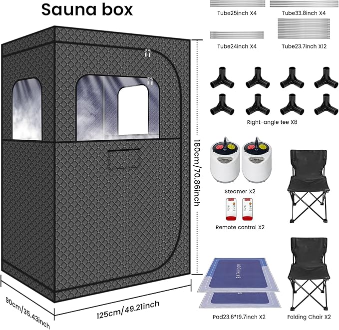 MIXC Full Body Portable Personal Saunas Box for Home, 2 Person Steam Sauna at Home Spa with 2.6L & 1500W, Two-Person with 2 Foldable Chairs, Remote Control, Home Sauna for Gym, Black-StrideForce Fitness
