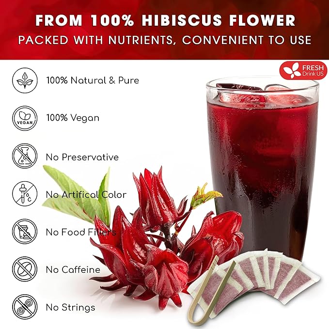 FreshDrinkUS Premium 30 Hibiscus Tea Bags, 100% Natural & Pure, Loose Flower Herbal Tea, No Sugar, Caffeine, Gluten, Vegan-StrideForce Fitness