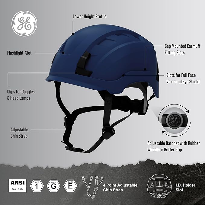GE Safety Helmet, Impact Absorbing Tech, Adjustable Ratchet, ANSI Type 1, Memory Foam Padding, Hard Hats Protection, Lightweight, Durable, Chin Strap, Comfortable Fit OSHA Approved-StrideForce Fitness