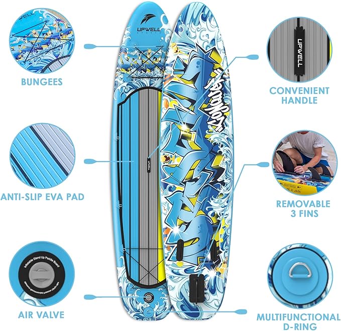 UPWELL 10'6"/11'/11'6" Inflatable Paddle Board, Stand Up Paddlboard for Youth & Adults, Stable Design, Premium SUP Accessories, Backpack, Leash, Hand Pump, Fins-StrideForce Fitness