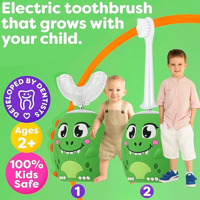 Trueocity Kids U Shape Toothbrush Auto Electric Toddler Rechargeable Kids Automatic Toothbrush | 360° U-Shaped Silicone Brush Head | Gentle Cleaning for Ages 2–7 | Dinosaur Design (Green)