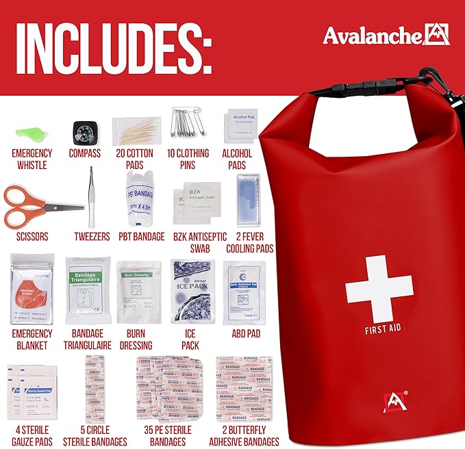 Avalanche First Aid Kit in Dry Bag, 103 Pcs Emergency Supplies Kit in Waterproof Bag for Home, Car, Travel, Sports or Camping, Durable, Ideal for Water Activities, Survival Gear Kit-StrideForce Fitness