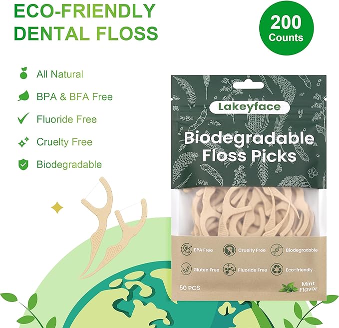 200 Count Biodegradable Dental Floss Picks, Eco Friendly Plant-Based Tooth Flossers for adults, Tear-Resistant Floss Sticks with Wide Handles, Vegan & BPA Free Dental Floss for Natural Oral Care, Mint