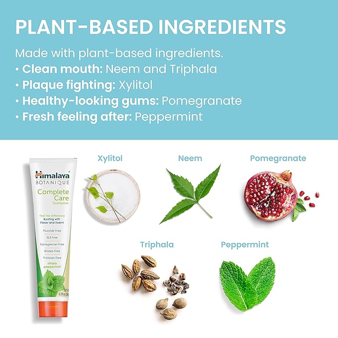 Himalaya Botanique Complete Care Toothpaste, Herbal, Peppermint Flavor, Fights Plaque, Freshens Breath, Fluoride Free, No Artificial Flavors, SLS Free, Cruelty Free, Foaming, 5.29 Oz, 4 Pack…