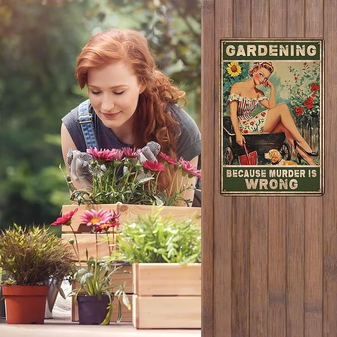 Gardening Because Murder Is Wrong Vintage Metal Tin Sign Rustic Wall Decor Outdoor Garden Art Yard Plaque Retro Home Decor Gift for Women Gardener Lovers 12 * 8inch-StrideForce Fitness