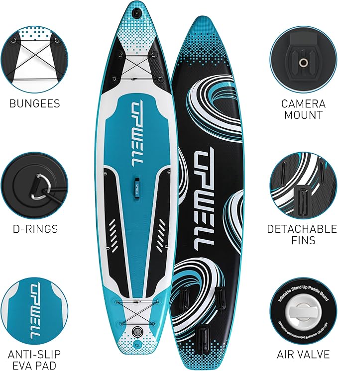 UPWELL 11’6”/11'2”/11'/10'8”/10'6”/10'2” Inflatable Stand Up Paddle Board with sup Accessories Including Backpack, Repairing Kits, Non-Slip Deck, Leash, 3 Fins, Paddle and Hand Pump-StrideForce Fitness