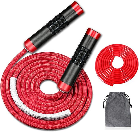 Redify Weighted Jump Rope for Workout Fitness(1LB), Tangle-Free Ball Bearing Rapid Speed Skipping Rope for MMA Boxing Weight-loss,Aluminum Handle Adjustable Length 9MM Fabric Cotton+9MM Solid PVC Rope-StrideForce Fitness