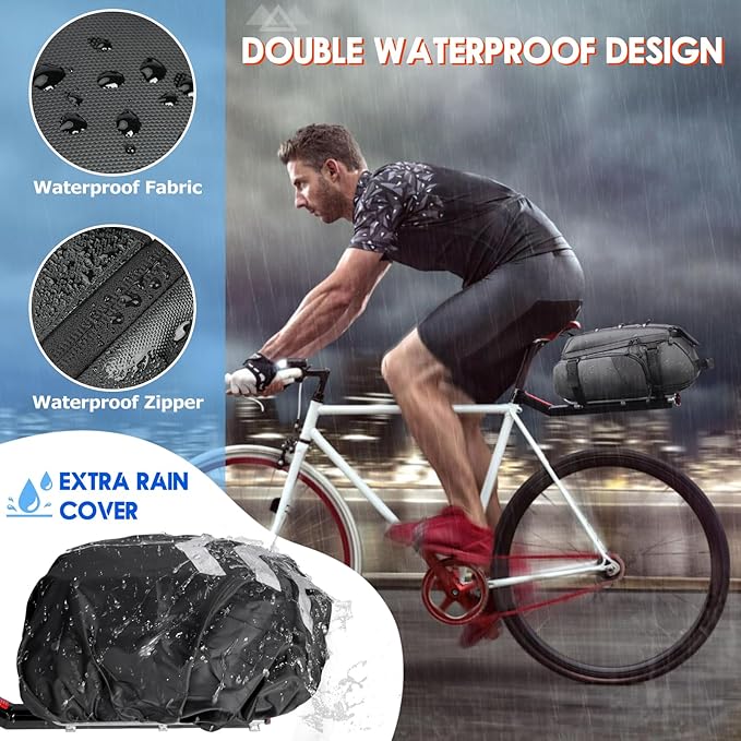 RAINSMORE Bike Bags for Bicycle Rear Rack 15L Waterproof Bike Ebike Trunk Pannier Saddle Bag with Rain Cover Bike Accessories Backpack Shoulder Bag for Commuter Travel Outdoor, Grey-StrideForce Fitness