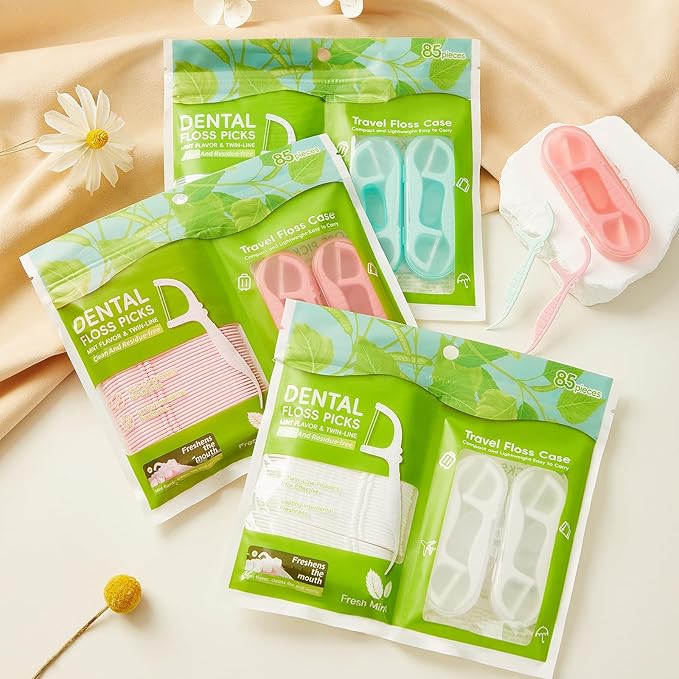White Mint Dental Floss Picks, 2 Portable Travel Cases (10 Picks) 65 Refills, Double-Line Flossers for Tight Teeth, Fresh Breath, Plaque Removal, On-The-Go Oral Care