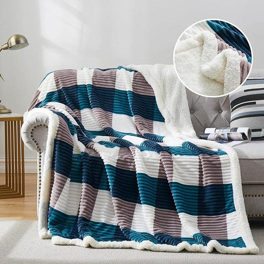 PU MEI Sherpa Blanket Twin Plaid Thick Bed Blanket, 60”*80” Super Soft Flannel Fuzzy Fleece Reversible Velvet Plush Warm Blanket for Couch (Teal Check, 60"*80")-StrideForce Fitness