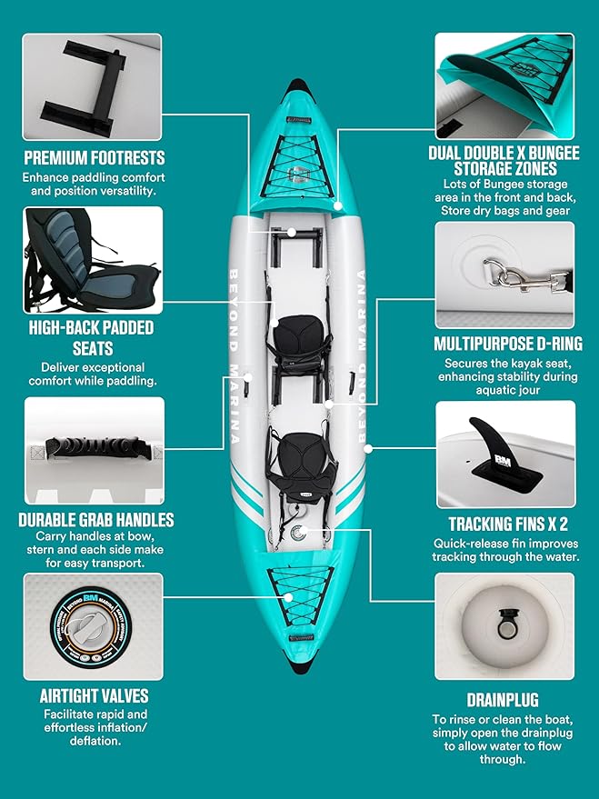 Inflatable Kayak 2 Person Adult - BEYOND MARINA Tandem Kayak with Drop Stitch Floor, Touring Kayak with Aluminum Paddles, Seats, Footrests, Pump, Fins, Adventurer 12.5ft-StrideForce Fitness