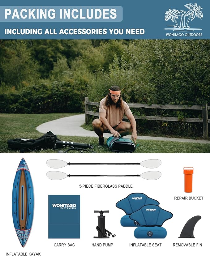 Inflatable Kayak, Portable Ripstop Oxford Cloth Recreational Touring Kayak with Fiberglass Kayak Paddle, Hand Pump and Carrying Bag, 1/2 Person-StrideForce Fitness