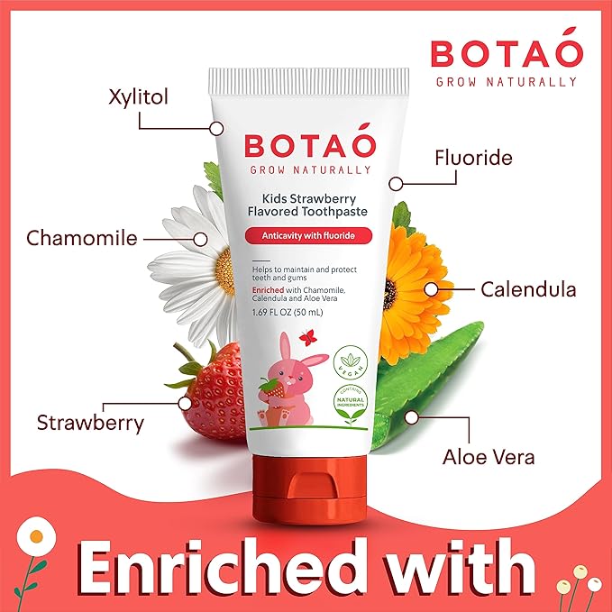 Kids Natural Strawberry Flavored Anticavity Fluoride Toothpaste Maximum Cavity Protection Cleans Children’s Teeth Protects Gums Chamomile Aloe Vera Calendula Xylitol for Ages 2 and Up