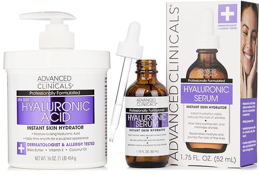 Advanced Clinicals Hyaluronic Acid Moisturizer Body Cream + Hyaluronic Acid Serum 2PC Skin Care Set | Face Serum & Body Lotion Help Diminish Appearance Of Wrinkles, Fine Lines, & Dry Skin, 2PC Bundle-StrideForce Fitness