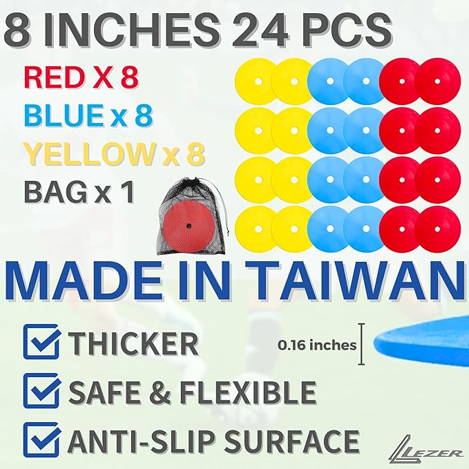 LEZER 6 Inch 8 Inch Flat Cones, Spot Markers, Soccer Cones, Field Court Markers, Sit Spots, Flat Discs, Soccer Training Equipment, Agility Practice, Football, Made in Taiwan-StrideForce Fitness
