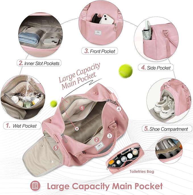 FIORETTO Womens Gym Tote Duffle Bag with Toiletry Bag, Sports Duffel Overnight Hospital Workout Carry on for Girls with Wet Pocket & Shoe Compartment, Ideal for Travel, Swimming, Dance Pink-StrideForce Fitness