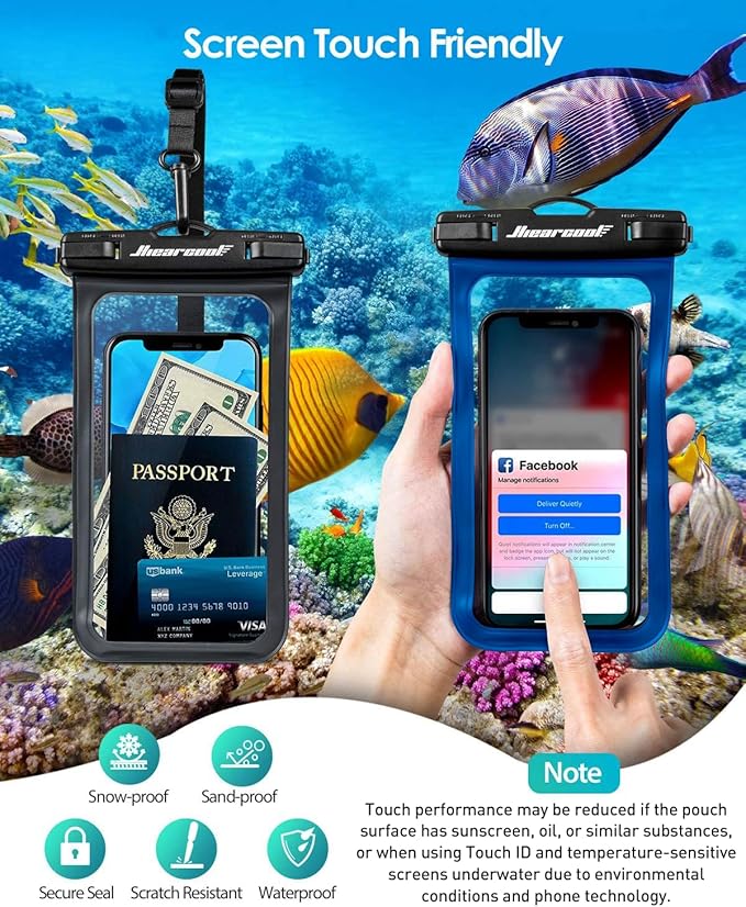 Hiearcool Waterproof Phone Pouch,Universal Waterproof Phone Case Dry Bag Travel Essentials for iPhone, Beach Accessories for Vacation Must Haves - Black&Navy-2 Pack-StrideForce Fitness