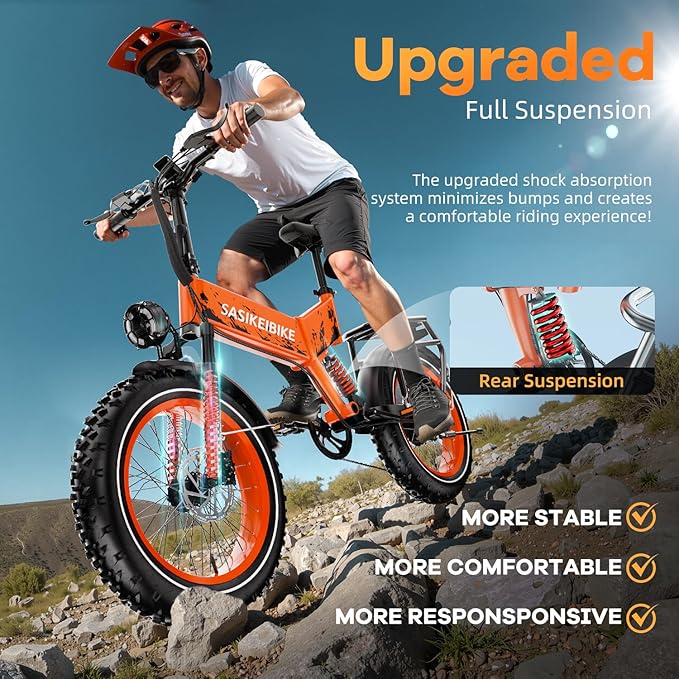 Folding Electric Bike for Adults, 20'' 1500W Peak Fat Tire Ebike, Up to 70 Miles 30+MPH Electric Mountain Bike with 52V 20AH Removable Battery, Dual Suspension, 7-Speed,UL Certified-StrideForce Fitness