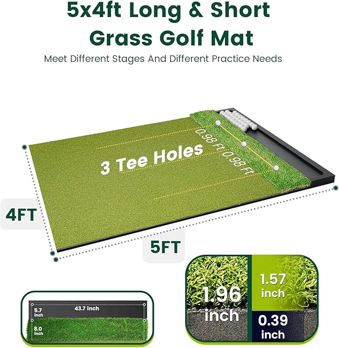Golf Hitting Mat with Ball Tray 5x4ft - 6x4ft Dual-Turf Practice Mat for Indoor & Outdoor Use Golf Training Mat with Rubber Tee Holes, Suitable for Swing Driving & Chipping-StrideForce Fitness